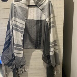 100% Silk Scarf Made In Italy 28"x72" Gray Stripe‎ Fringe Large